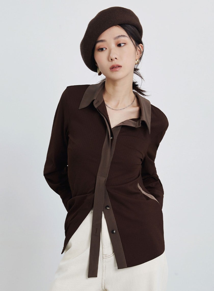 異材質拼接長袖襯衫